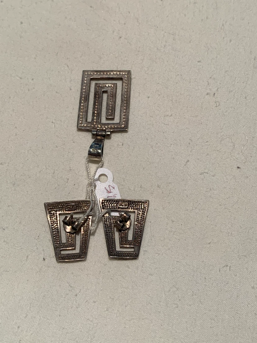 Silver-tone Pendant and Earring Set with Greek Key Design - photo 2