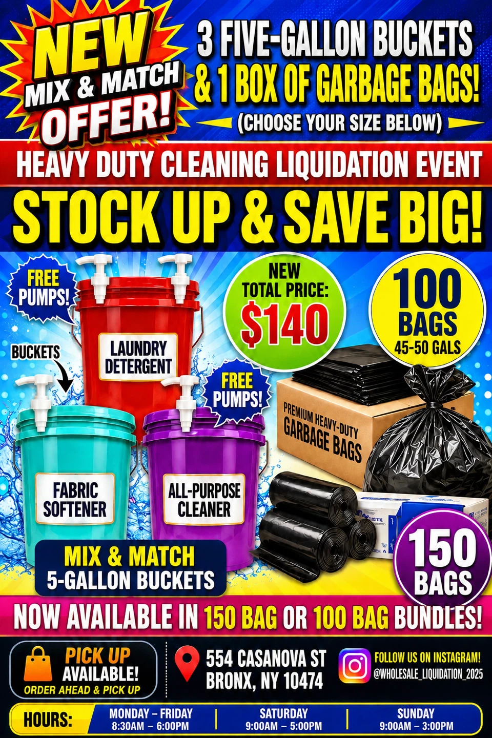 3 Five-Gallon Buckets & 1 Box of Garbage Bags