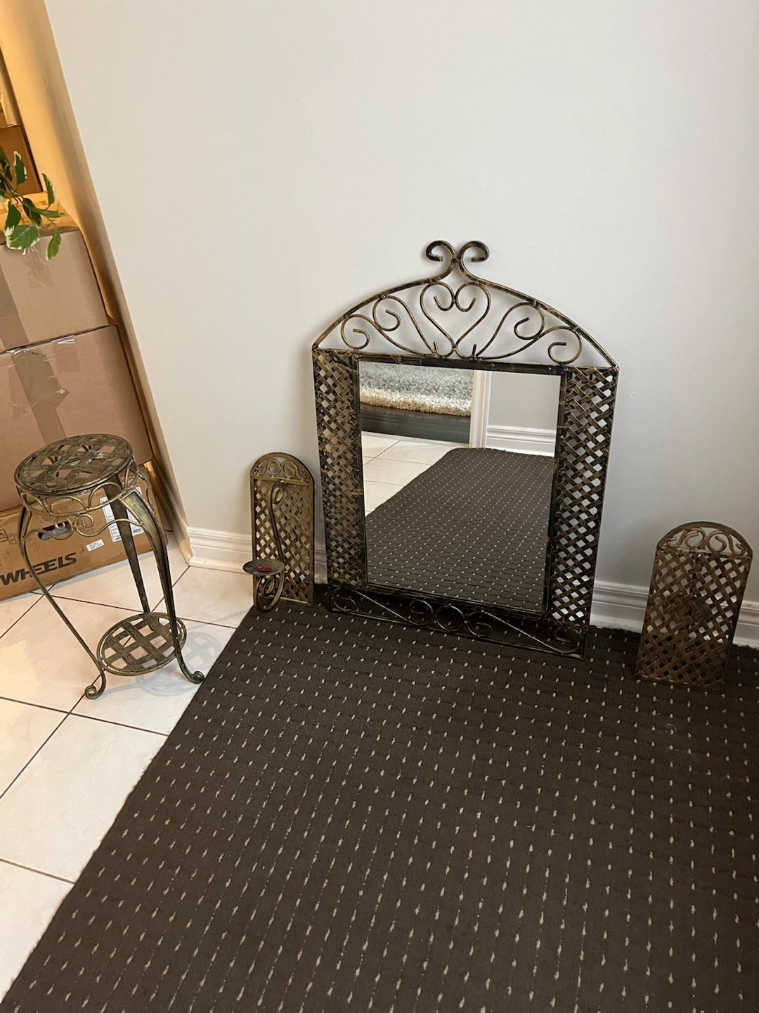 Metal Mirror, plant stand and 2 wall candle holders