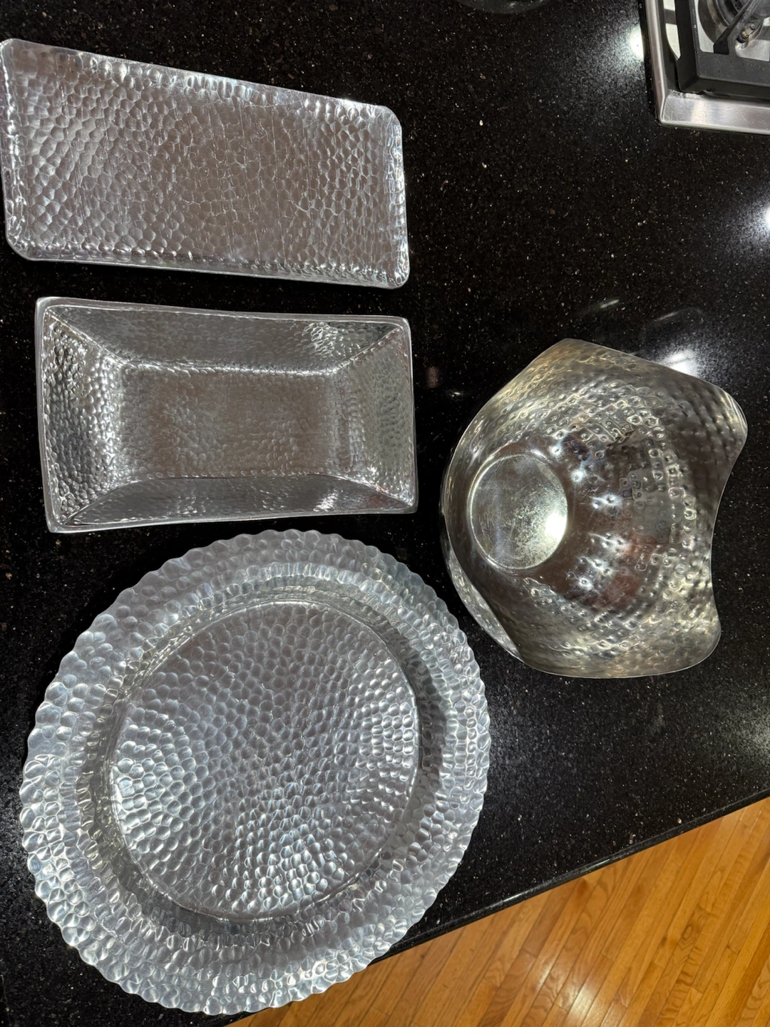 Set of 4 Hammered Metal Trays and Bowl