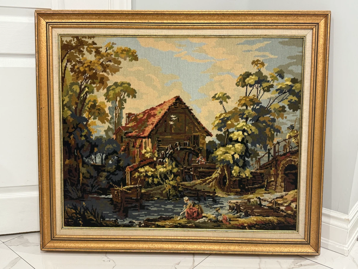 Large Vintage Framed Needlepoint Wall Art