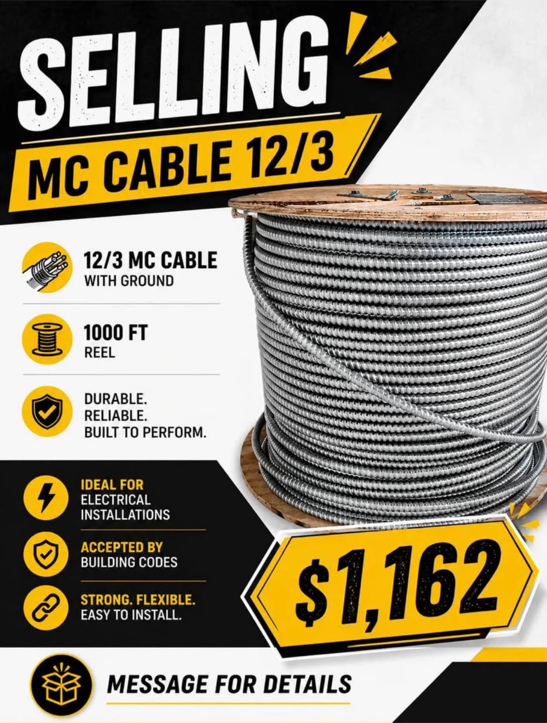 MC Cable 12/3 with Ground - 1000 FT Reel