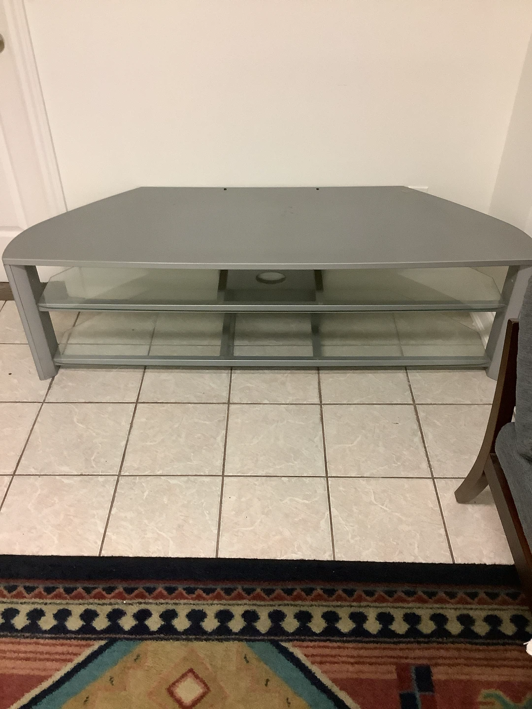Grey Corner TV Stand with Glass Shelves