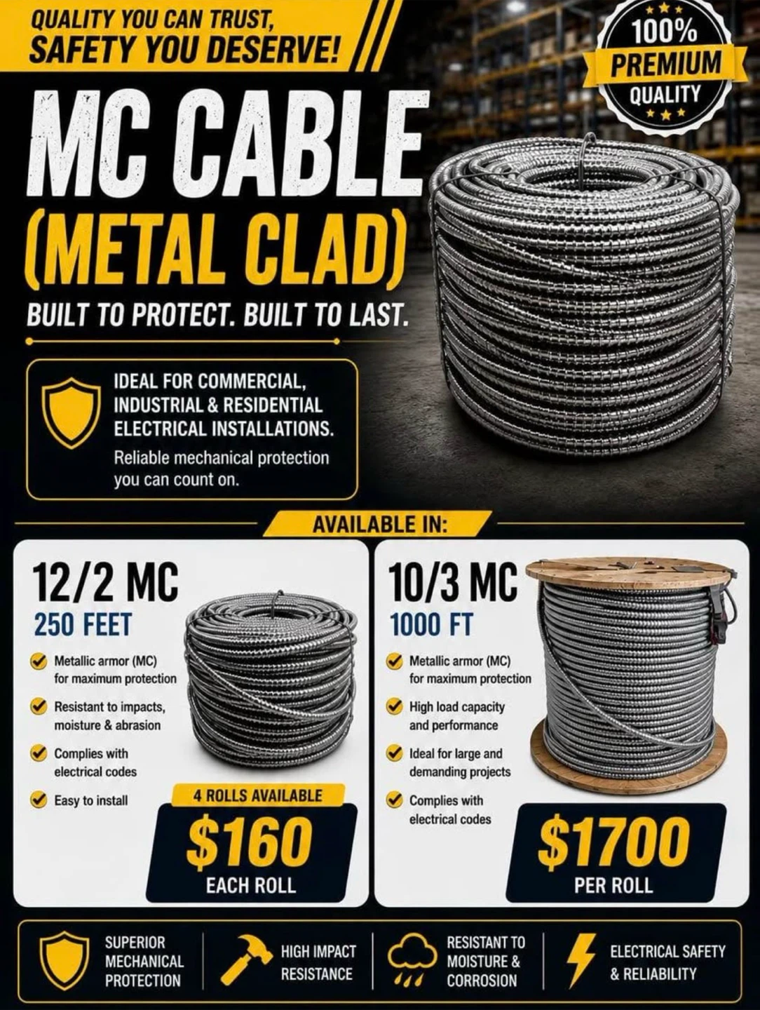 MC Cable (Metal Clad) - 12/2 MC 250 FT or 10/3 MC 1000 FT