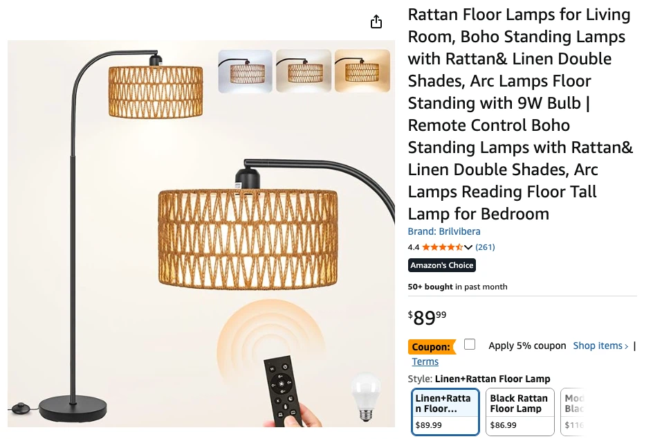 Brilvibera Rattan and Linen Arc Floor Lamp with Remote