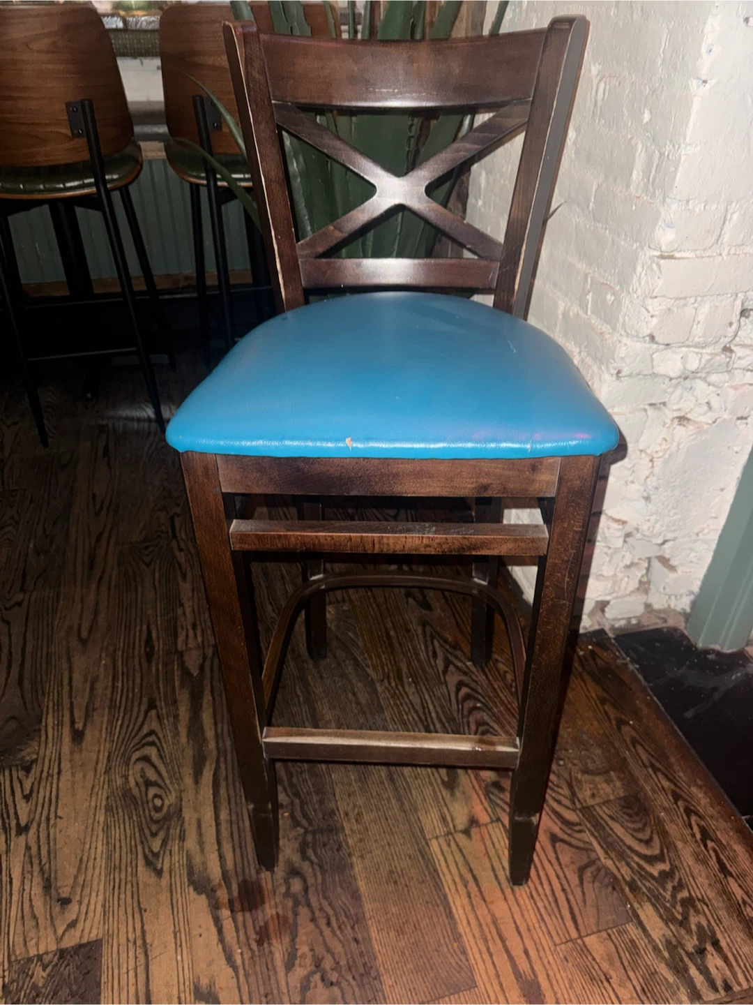 Wooden Bar Stool with Blue Seat
