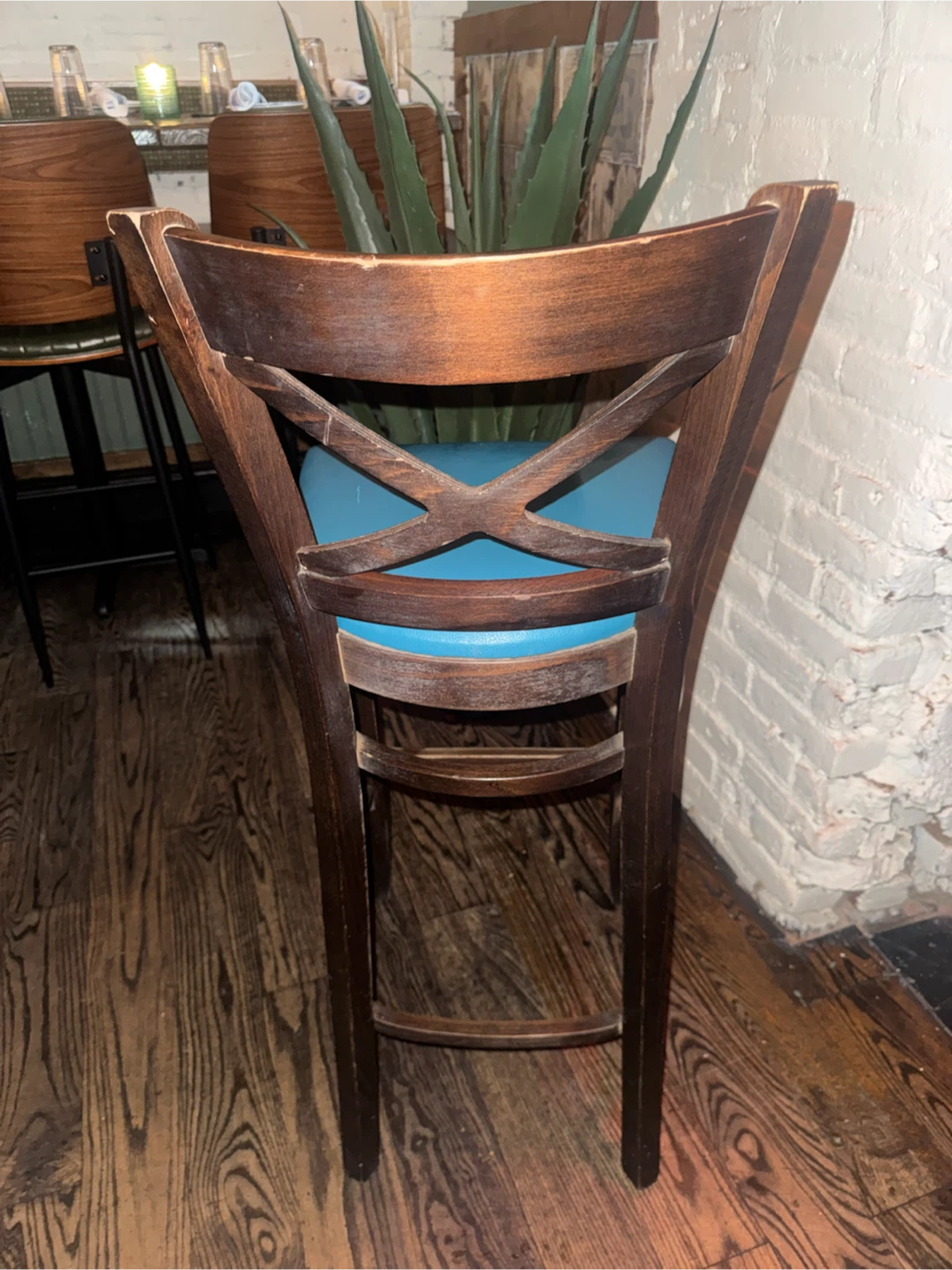 Wooden Bar Stool with Blue Seat - photo 2
