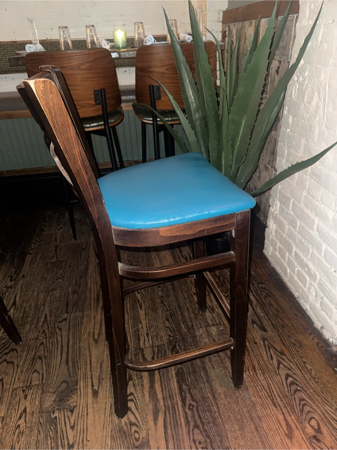 Wooden Bar Stool with Blue Seat - photo 3