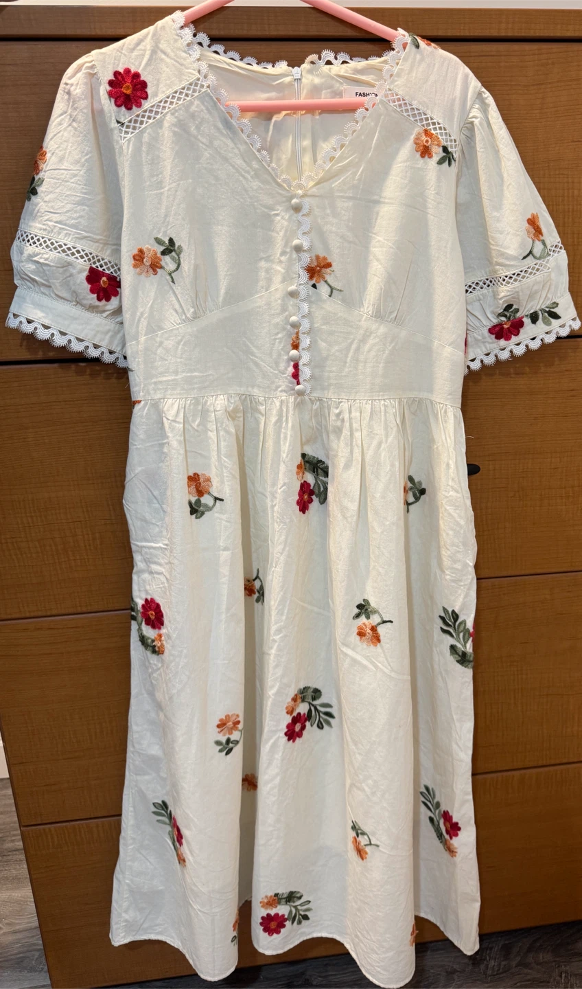 Cream Embroidered Midi Dress