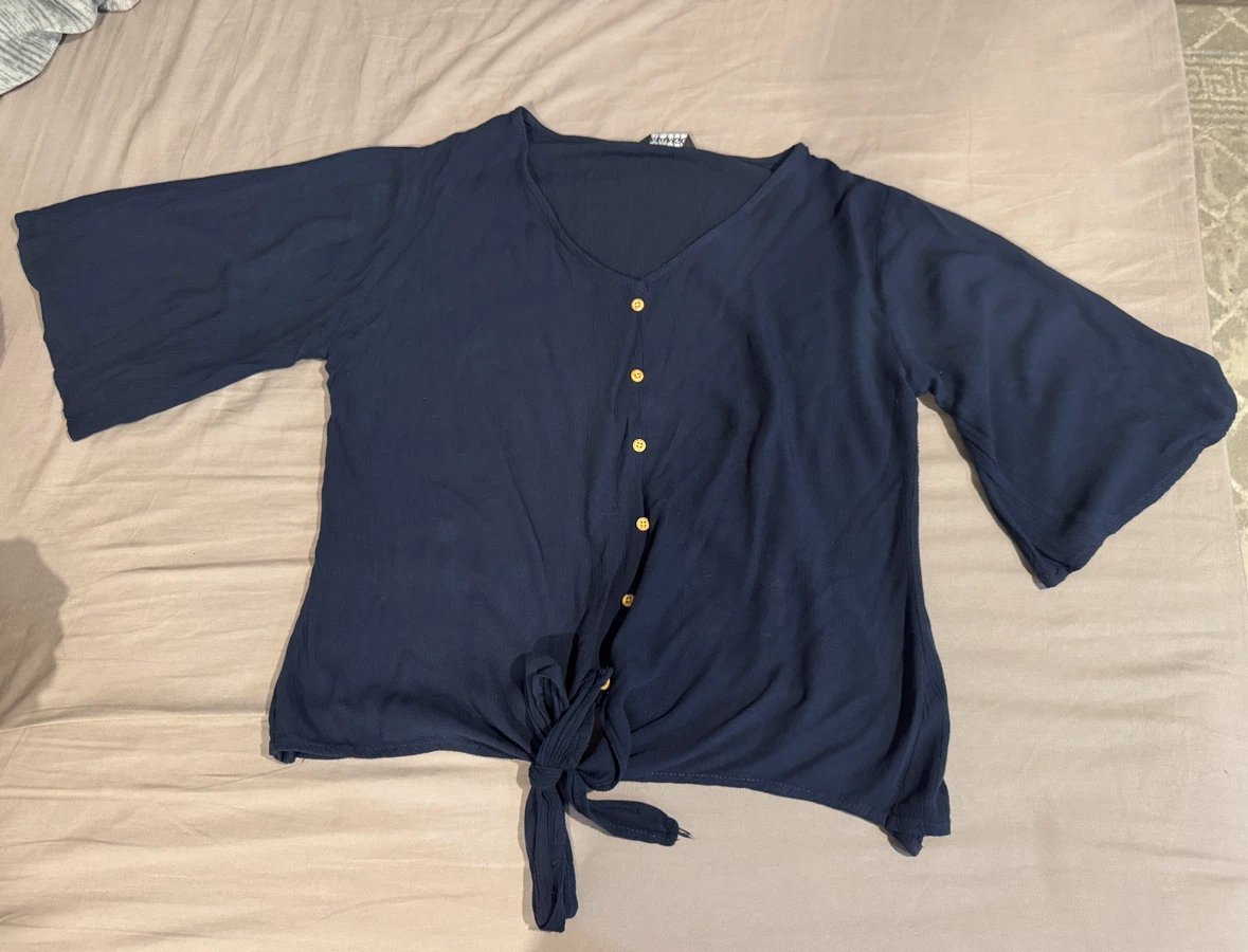 Navy Blue Button-Front Tie-Waist Blouse