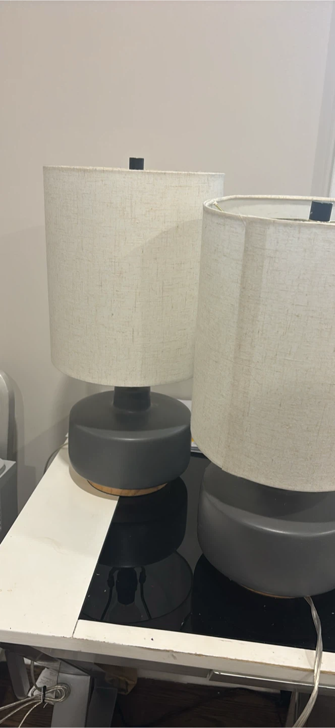 Two Modern Ceramic Table Lamps with Fabric Shades