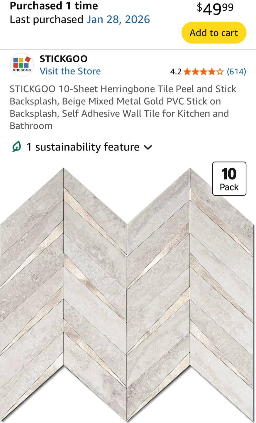STICKGOO 10-Sheet Herringbone Peel and Stick Backsplash Tile