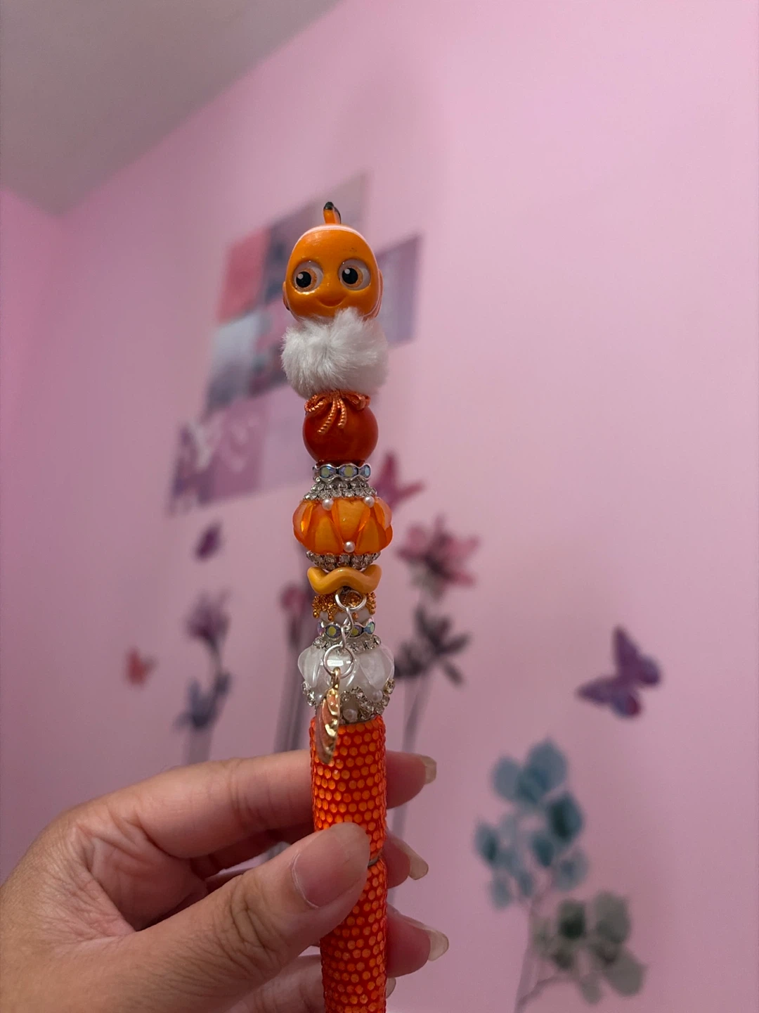 Handmade Orange Rhinestone Pen with Nemo Charm