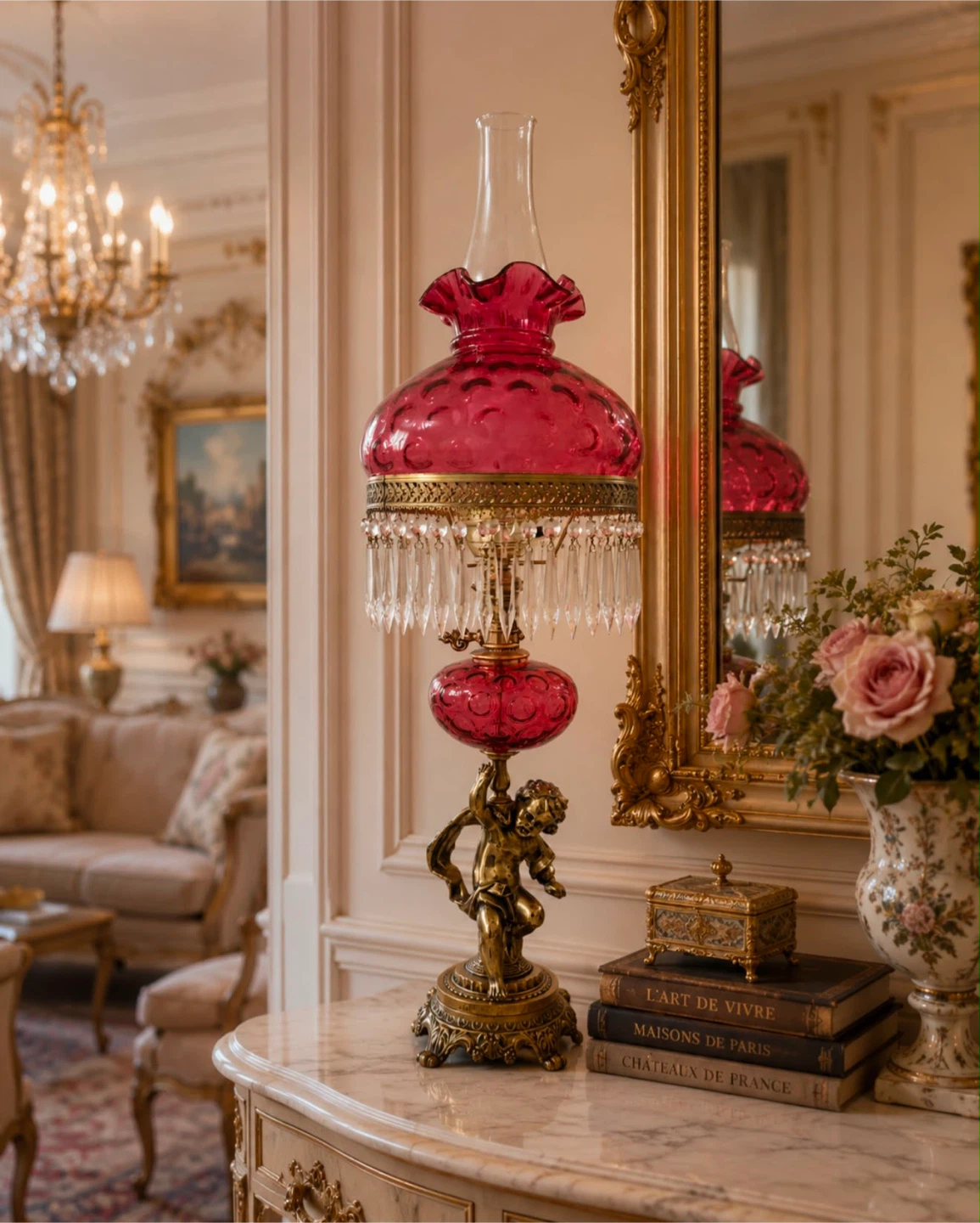 Vintage Ruby Glass Cherub Lamp with Crystal Dangles