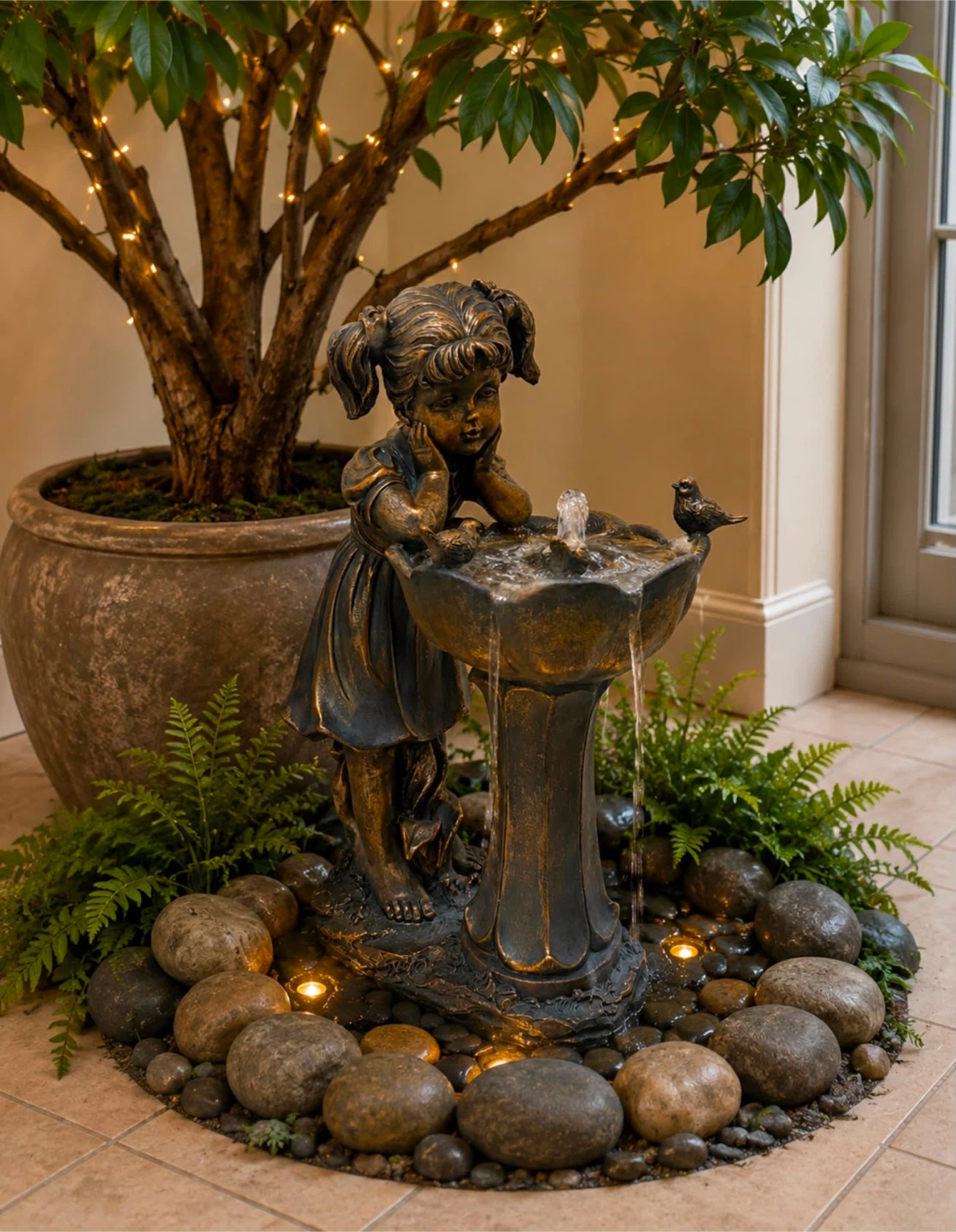 Girl with Birds Water Fountain Statue