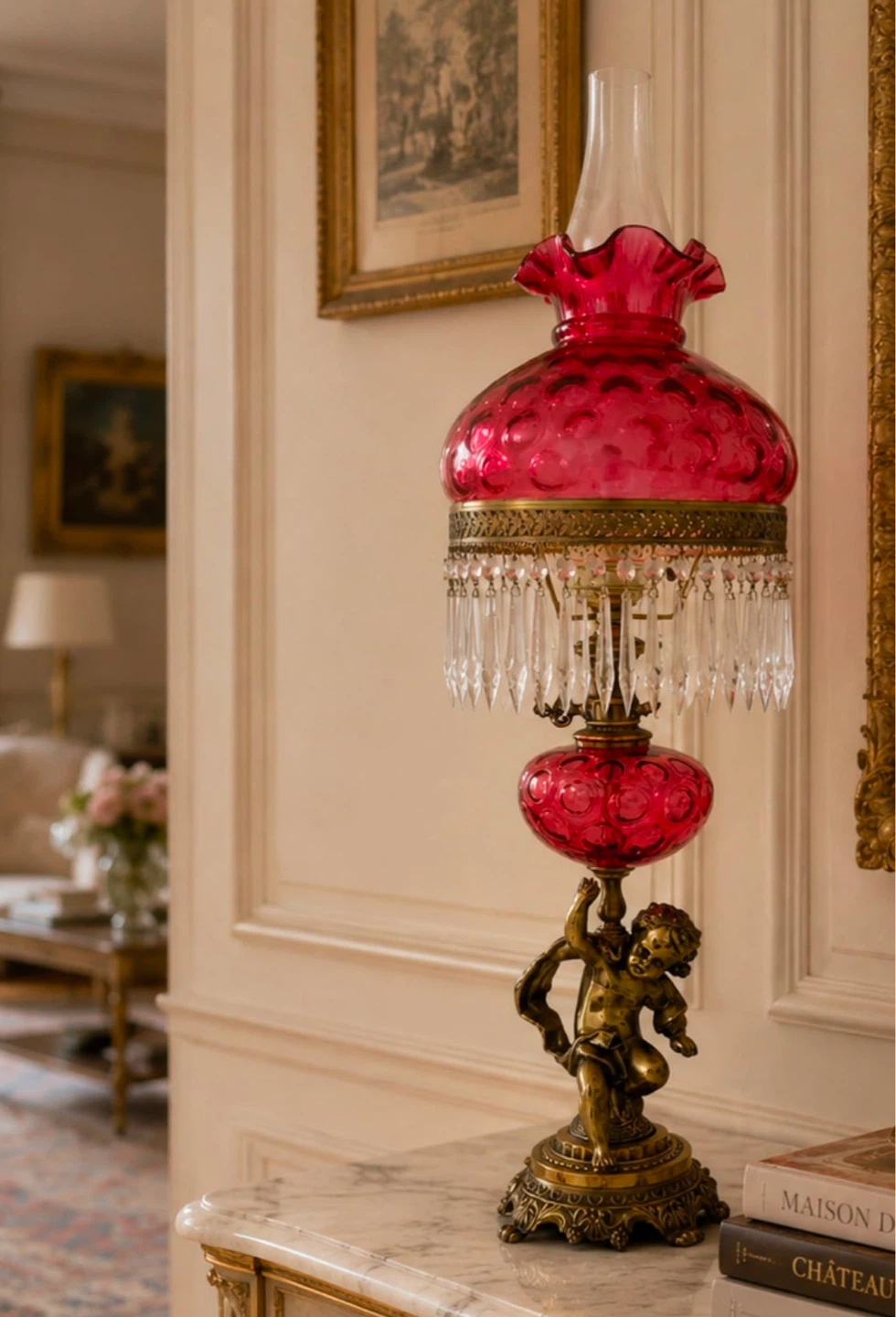 Vintage Ruby Glass Cherub Lamp with Crystal Dangles - photo 2