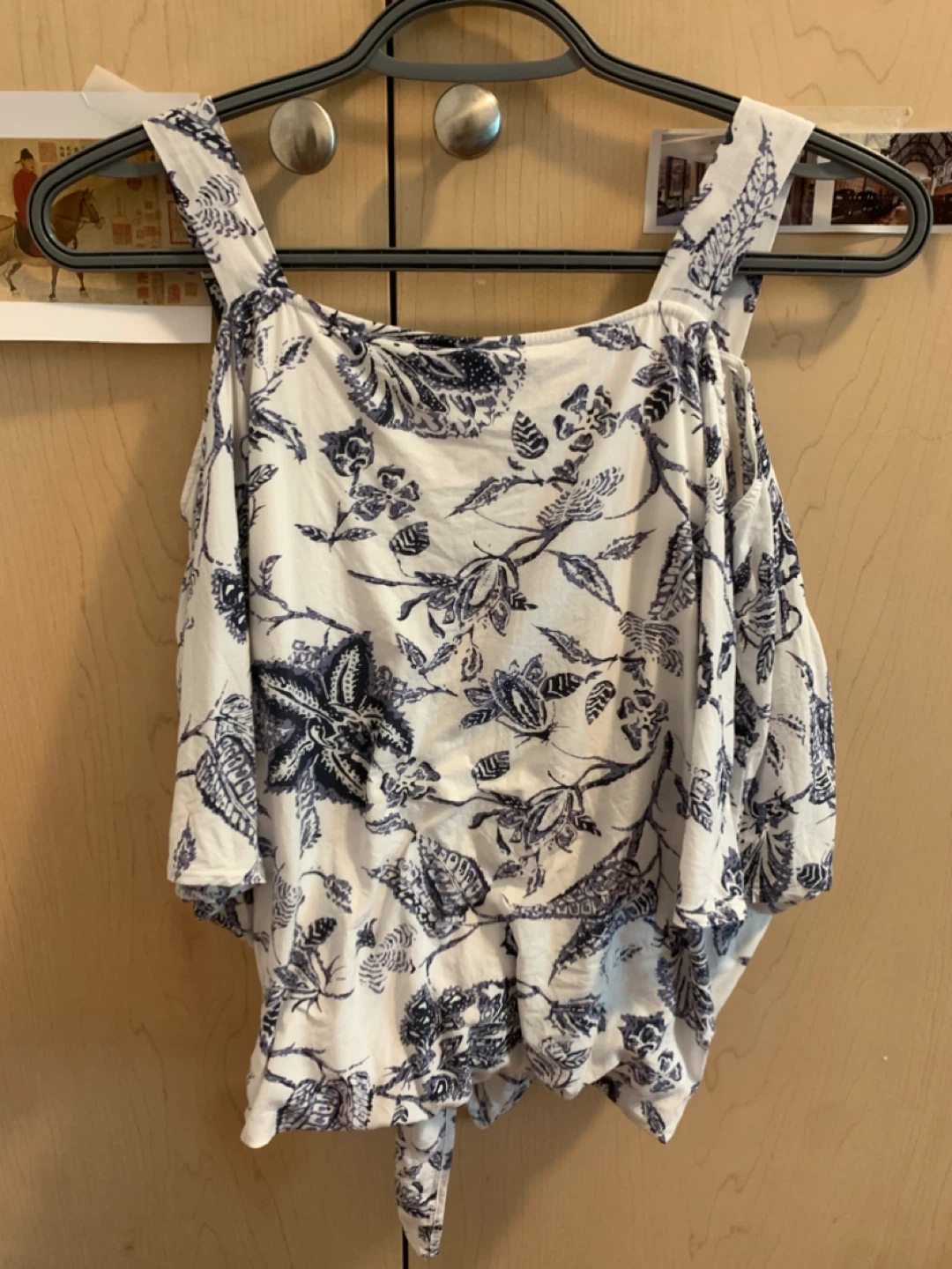 Size S Boho Navy & White Floral Cold-Shoulder Tie-Front Crop Top - photo 5