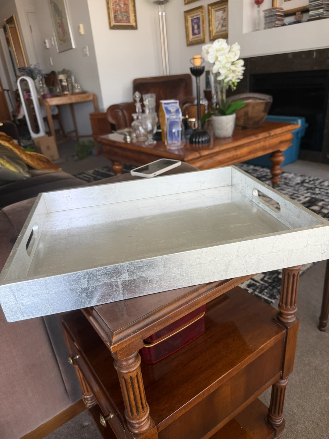 Silver decorative tray with handles