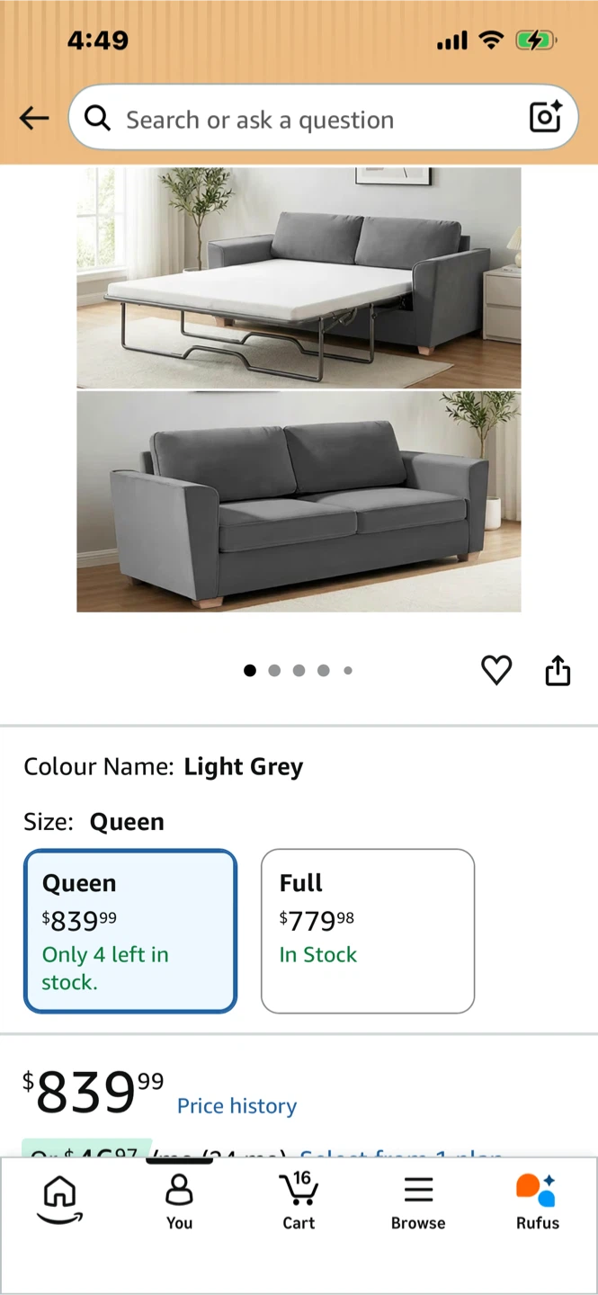 Light Grey Queen Sofa Bed