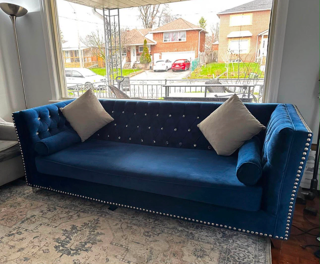 Blue Velvet Tufted Sofa with Studs