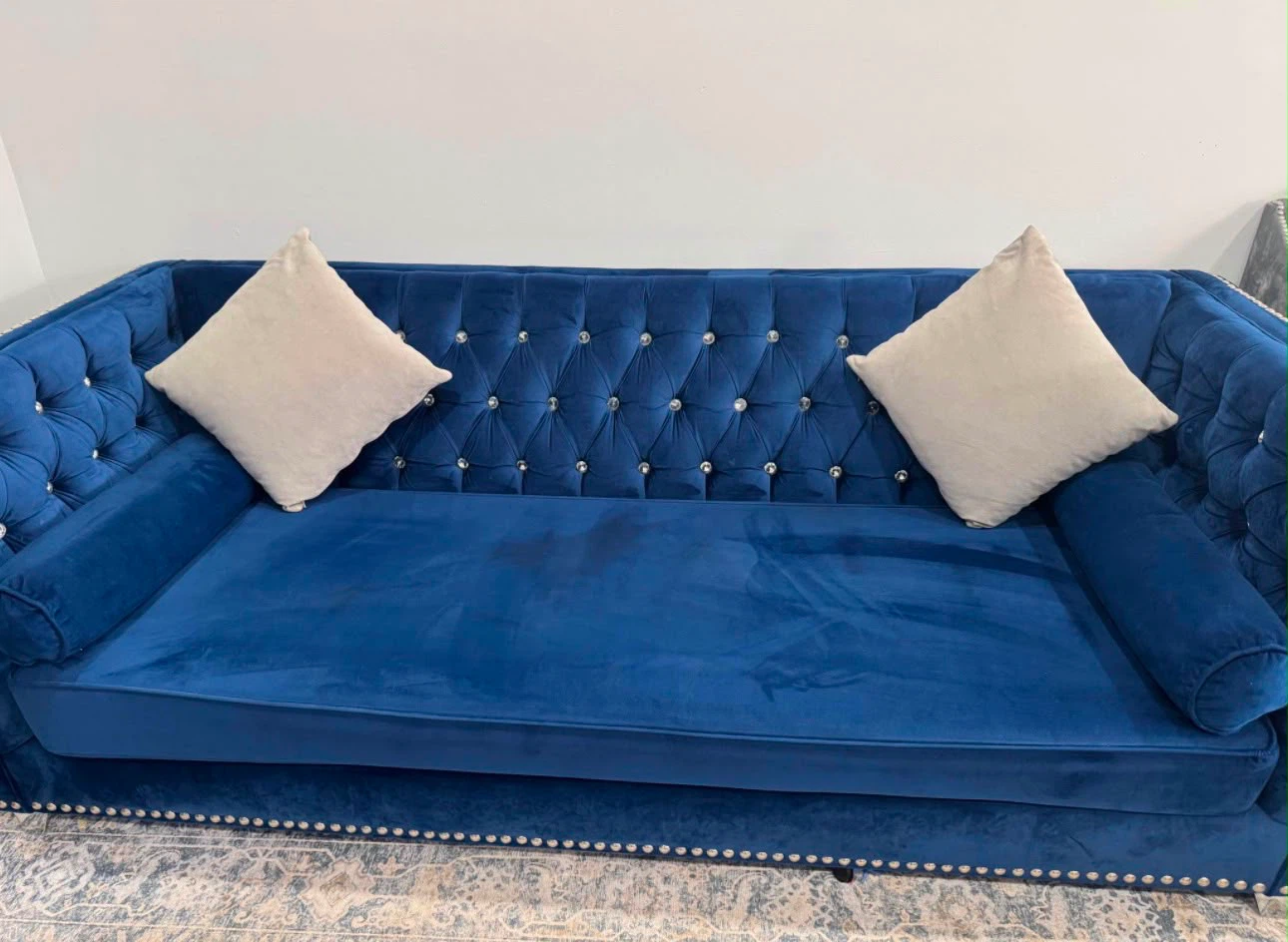 Blue Velvet Tufted Sofa with Studs - photo 2
