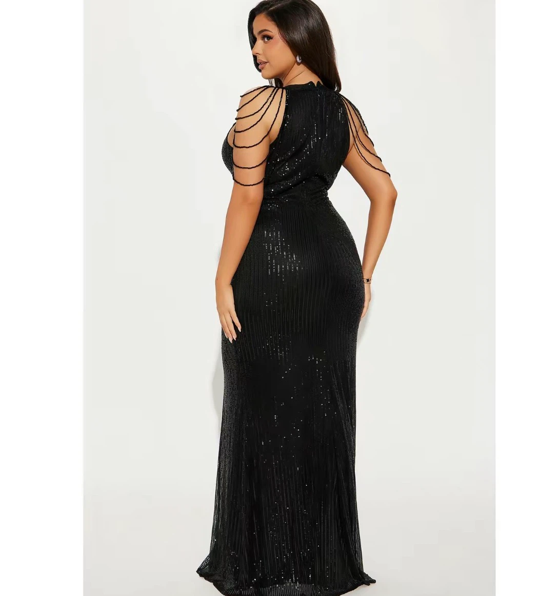 Black Sequin Maxi Dress with Beaded Shoulder Detail - photo 2