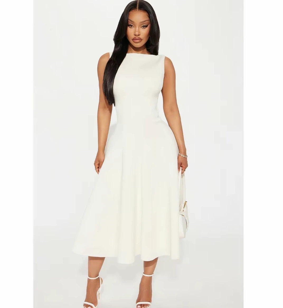 White Sleeveless Midi Fit and Flare Dress