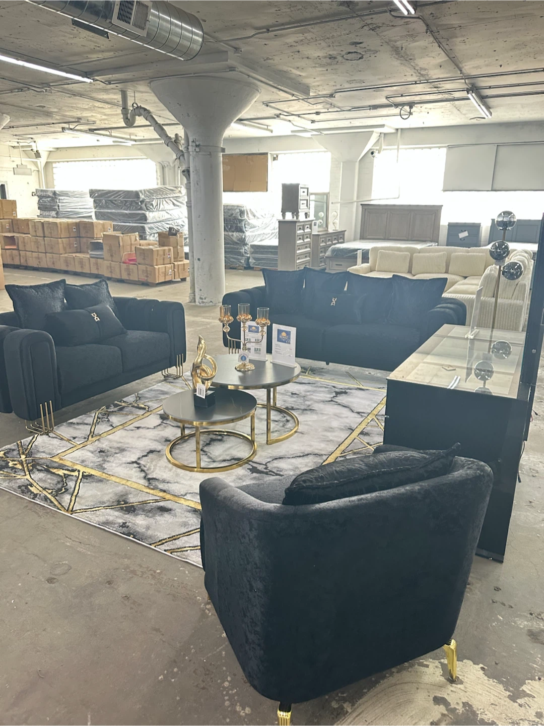 Black Velvet Sofa Set with Gold Accents