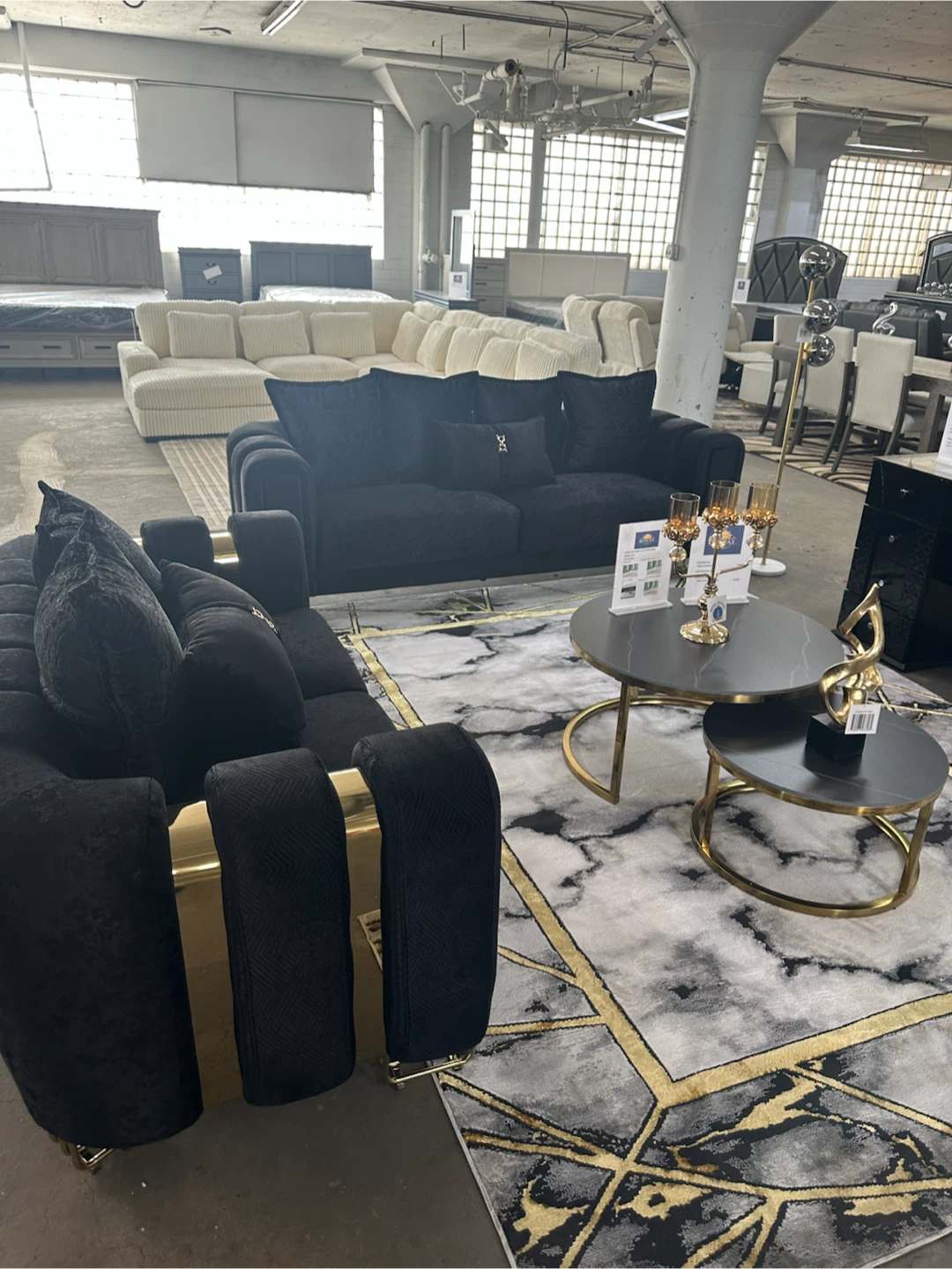Black Velvet Sofa Set with Gold Accents - photo 2