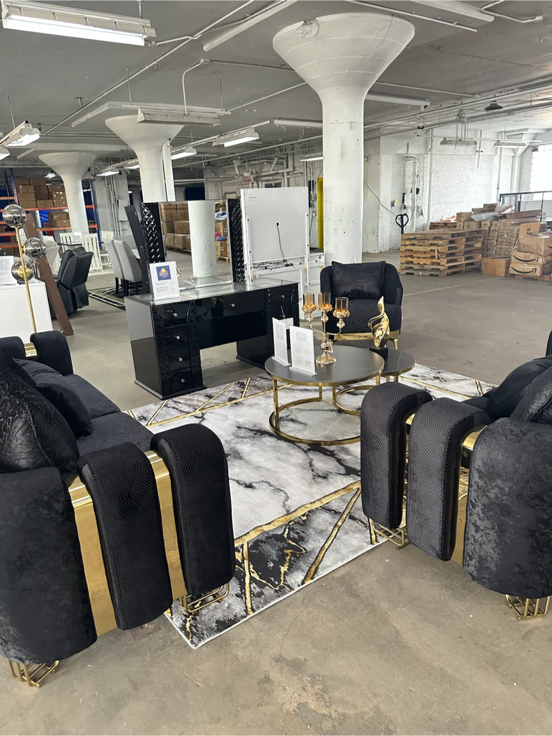 Black Velvet Sofa Set with Gold Accents - photo 3