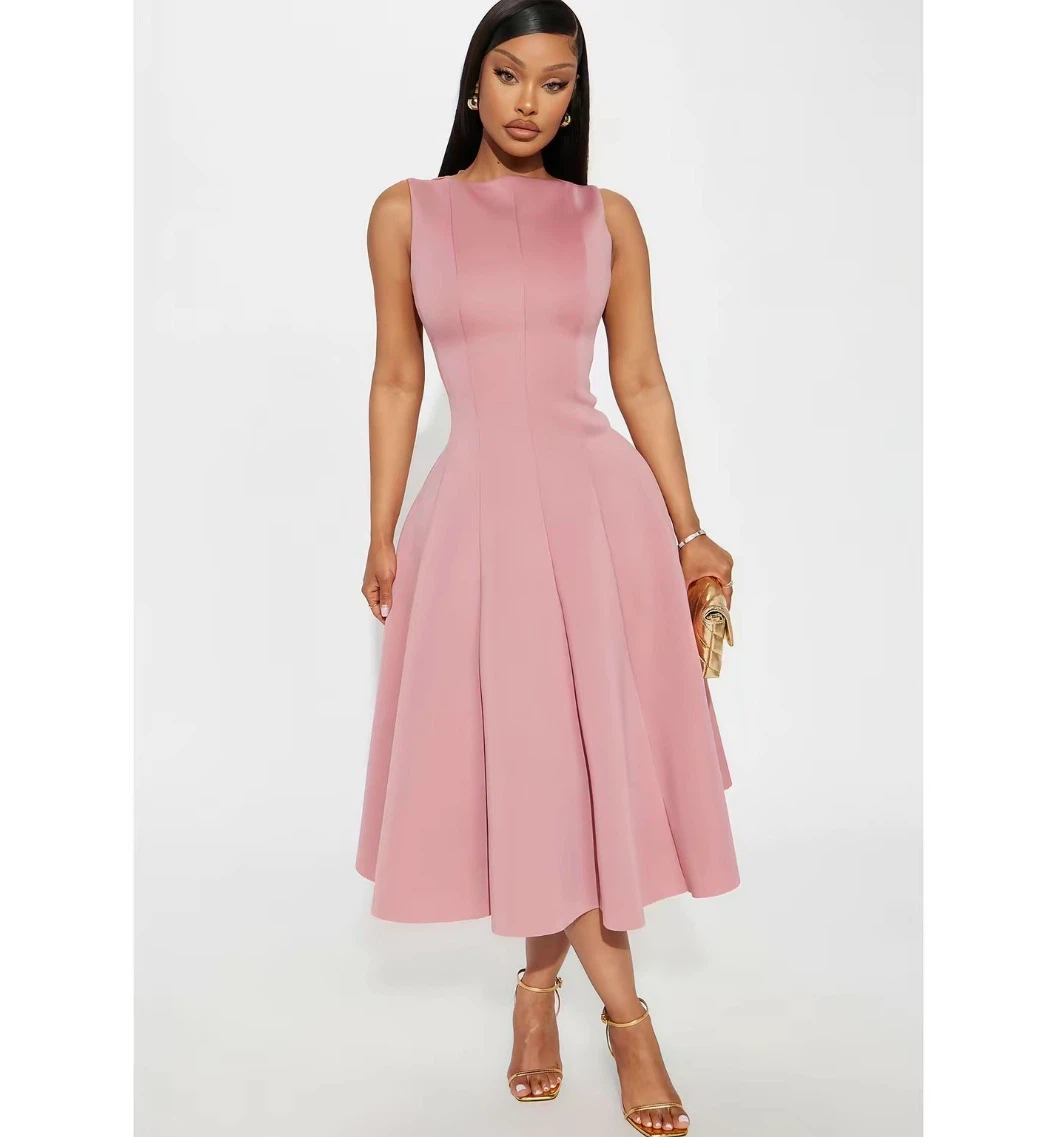 Women's Pink Sleeveless Fit and Flare Midi Dress
