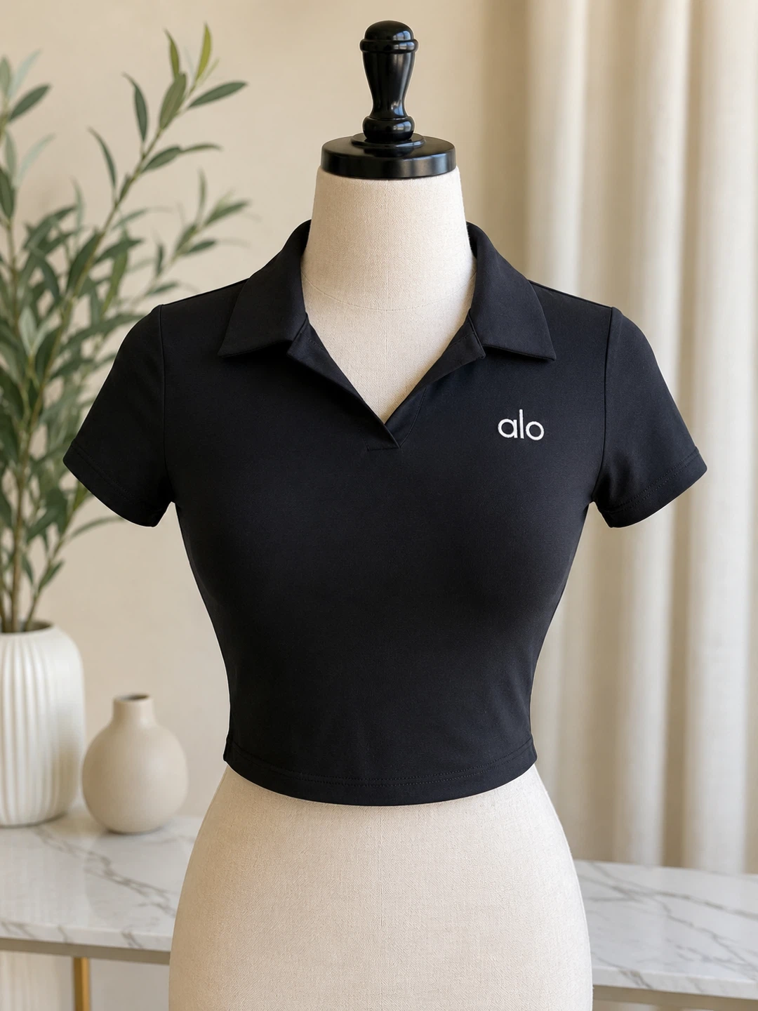 Alo Yoga Black Cropped Polo Shirt
