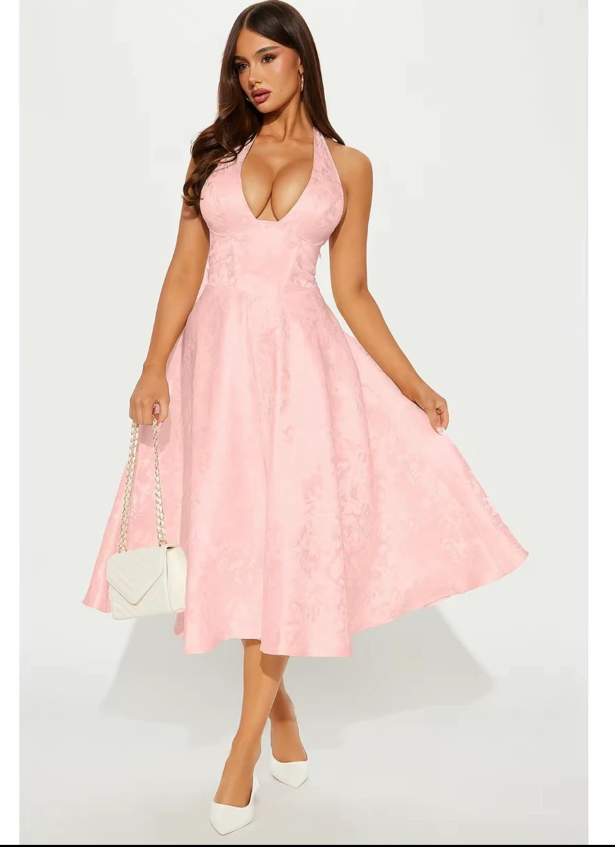 Pink Halter Neck Midi Dress