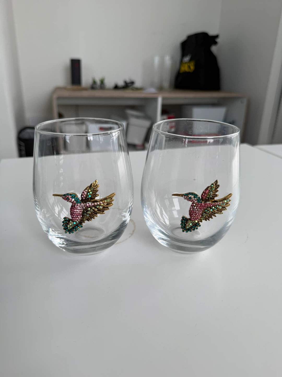Set of 2 Crystal Hummingbird Stemless Wine Glasses