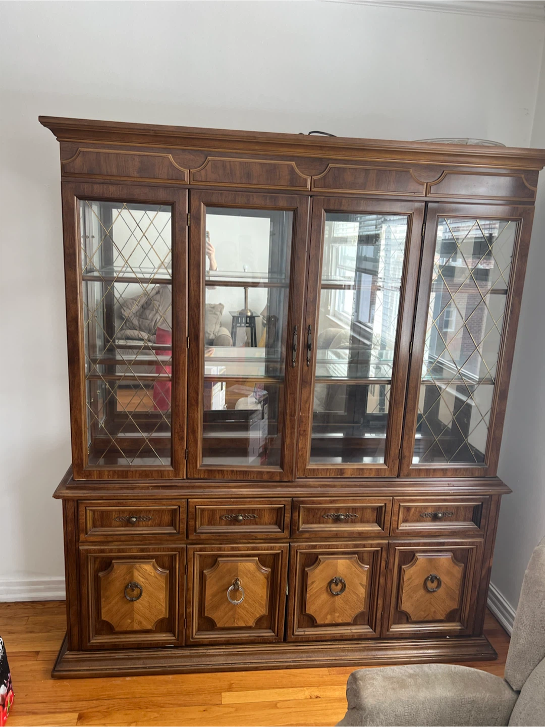 Vintage Wood China Cabinet with Glass Doors