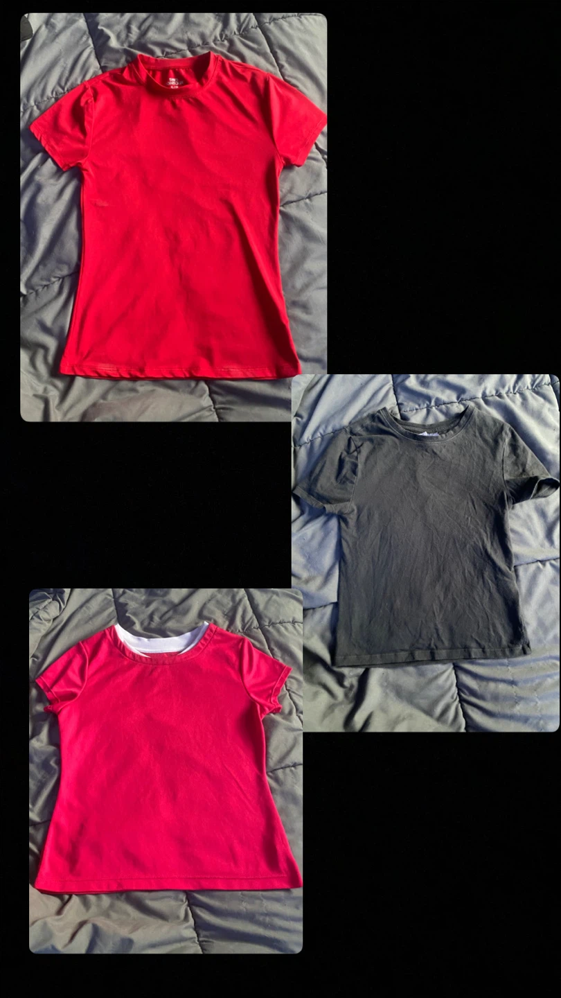 Three T-Shirts: Red, Pink, and Black
