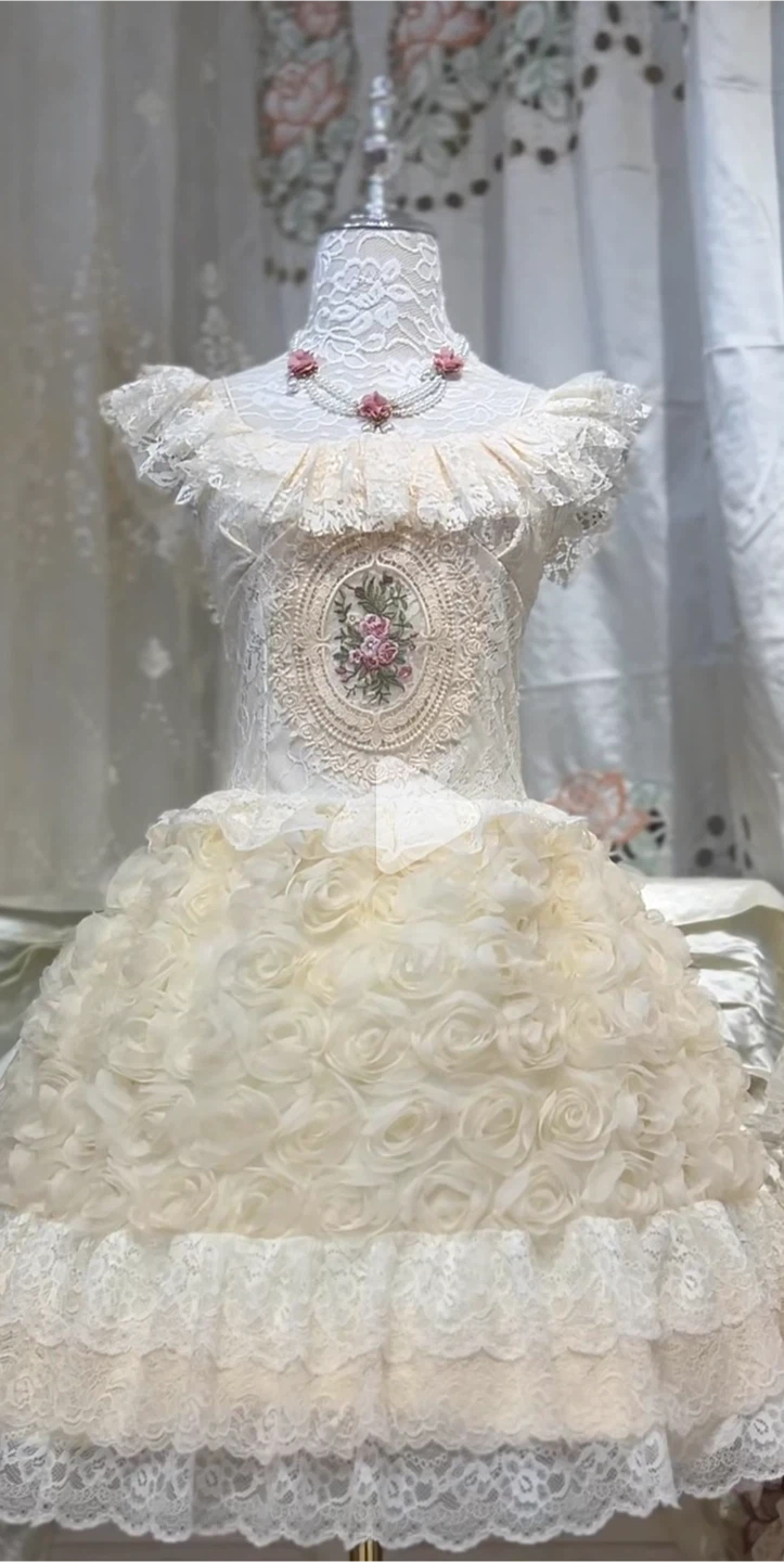 Cream floral applique lace trim dress