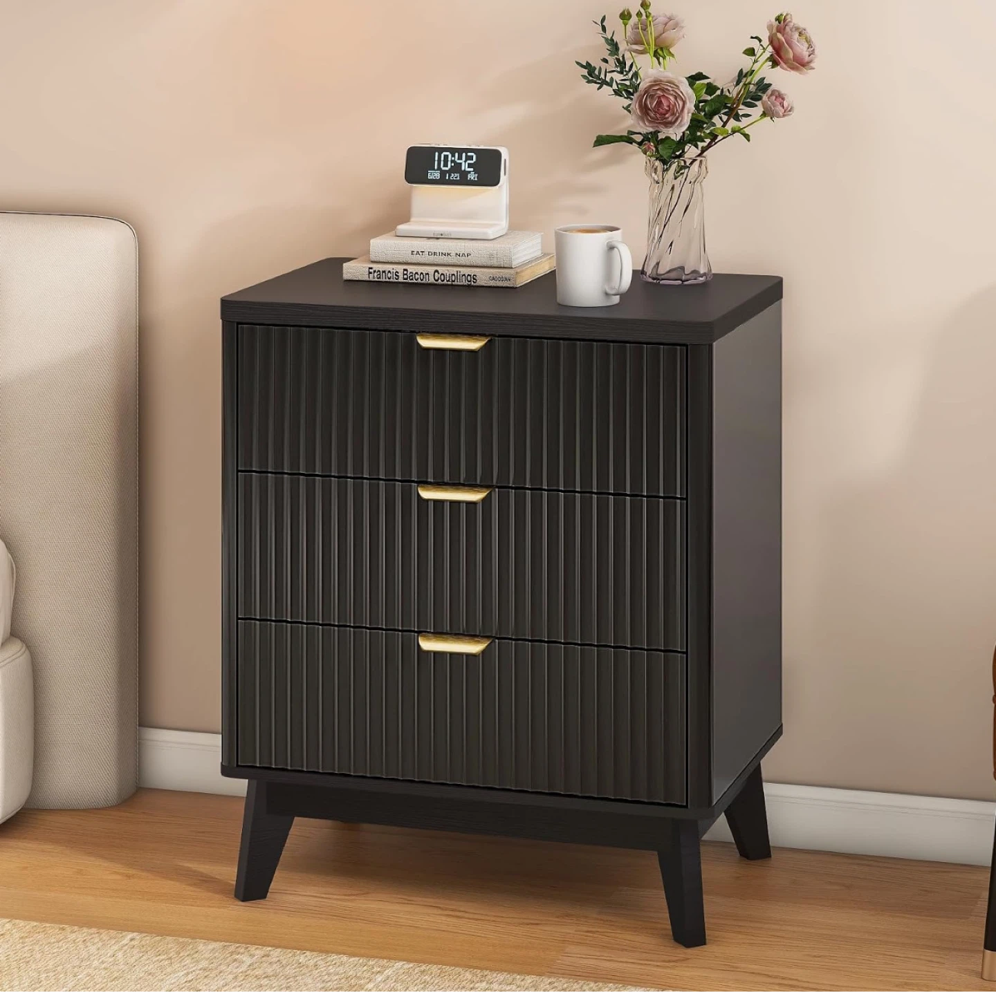 Fluted Black Wooden Table with 3 drawer dresser