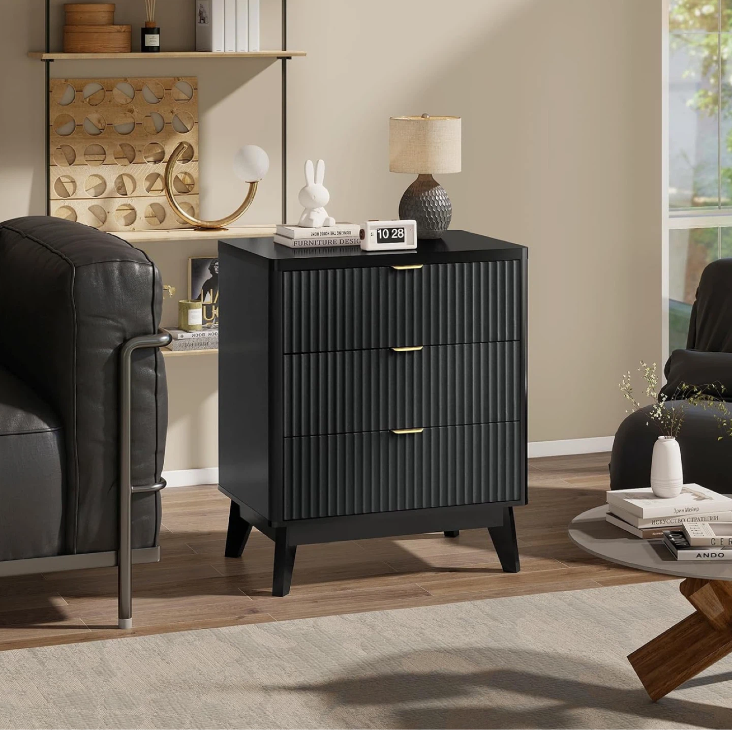 Fluted Black Wooden Table with 3 drawer dresser - photo 2
