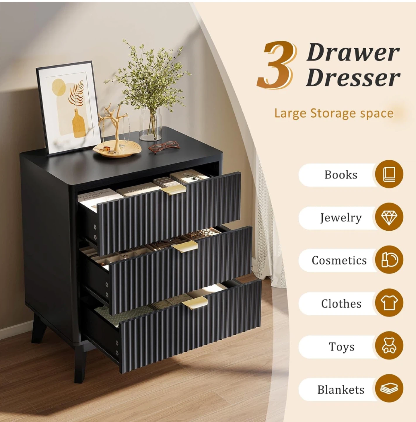 Fluted Black Wooden Table with 3 drawer dresser - photo 3