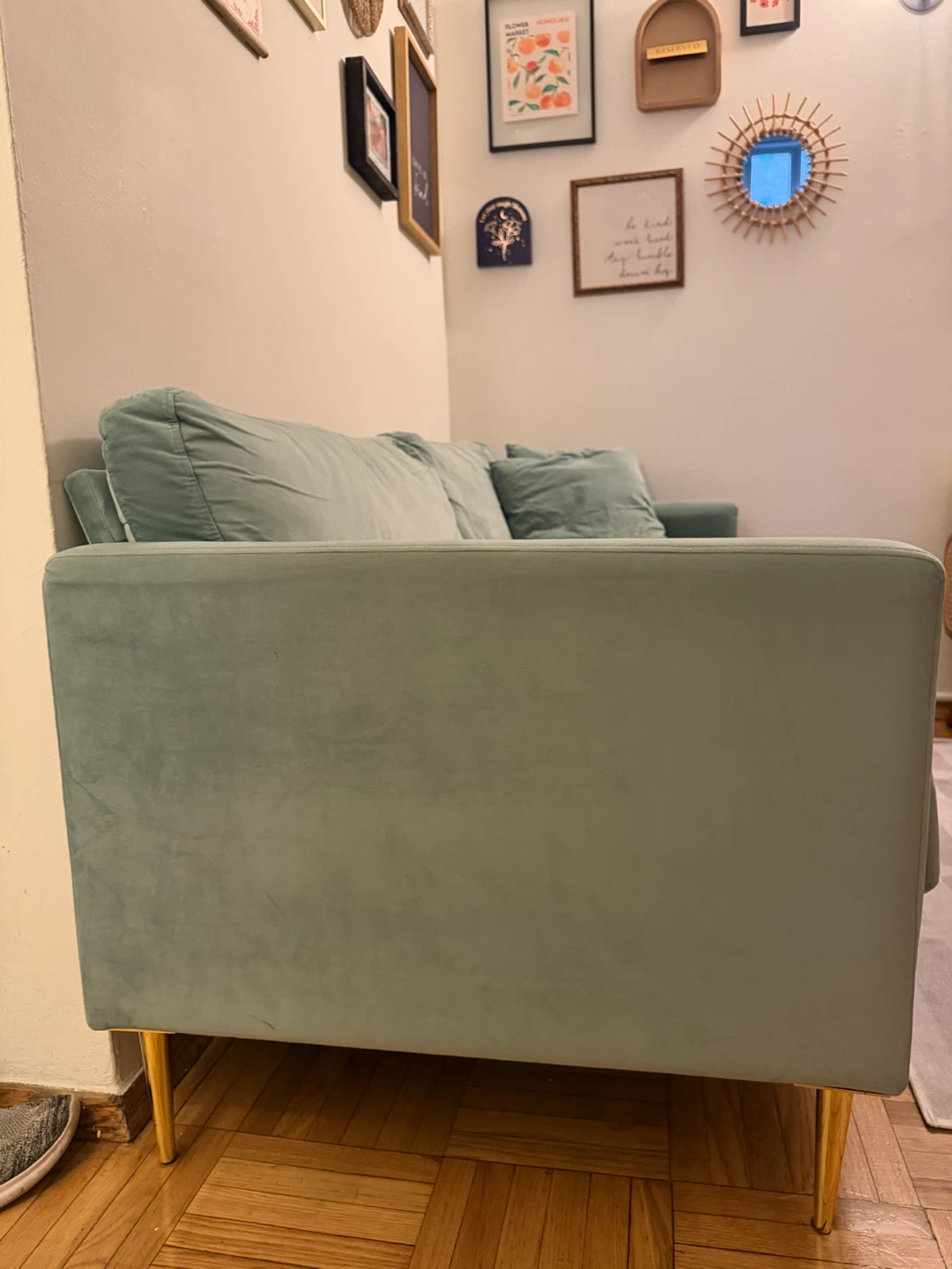 Branded Light Green Velvet Sofa with Gold Legs - photo 2