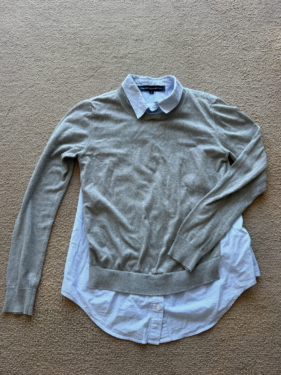 French Connection Grey Sweater with Blue Stripe Shirt