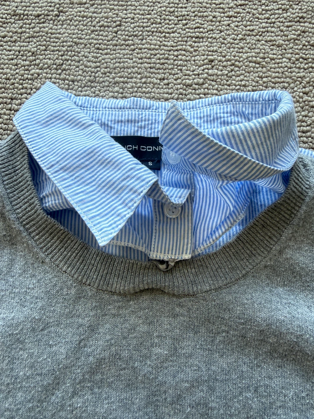 French Connection Grey Sweater with Blue Stripe Shirt - photo 3