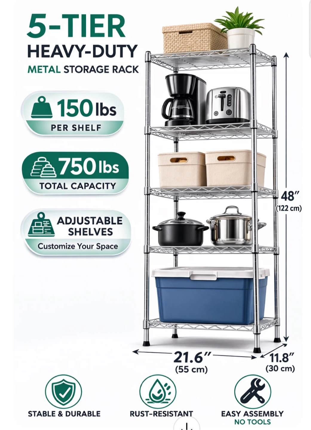 5-Tier Heavy-Duty Metal Storage Rack,no wheels