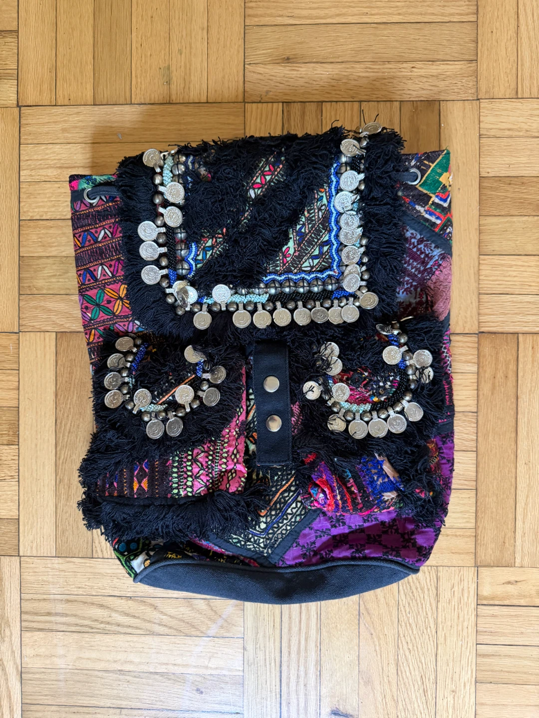 Boho Patchwork Backpack with Coin Embellishments