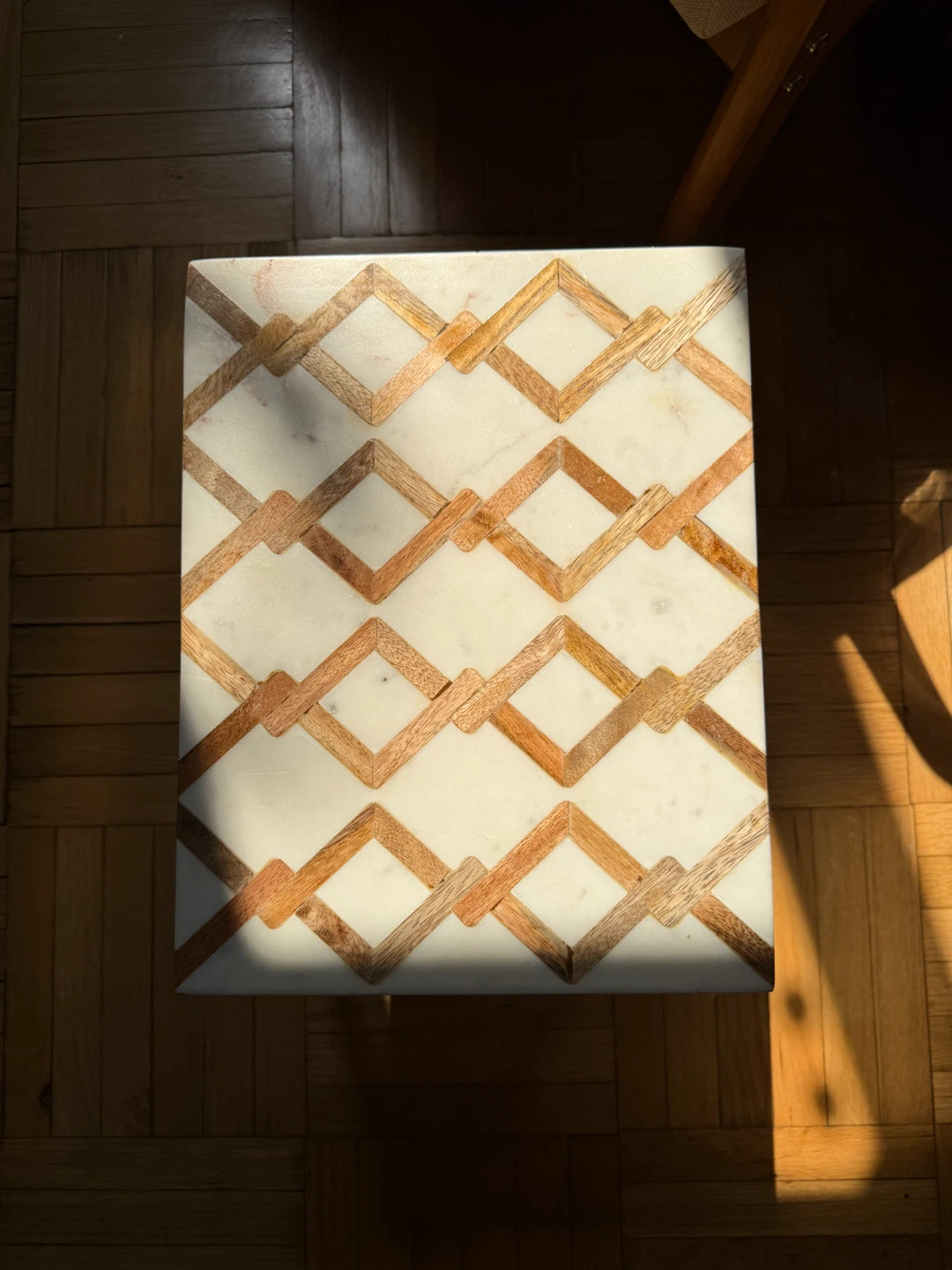 Marble and Wood Inlay Side Table