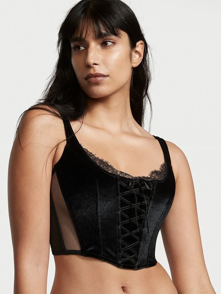Black Velvet Corset Top with Lace Trim - Victoria Secrets