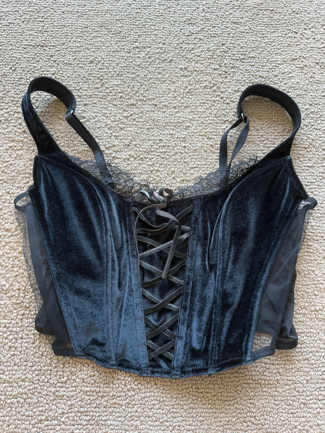 Black Velvet Corset Top with Lace Trim - Victoria Secrets - photo 2
