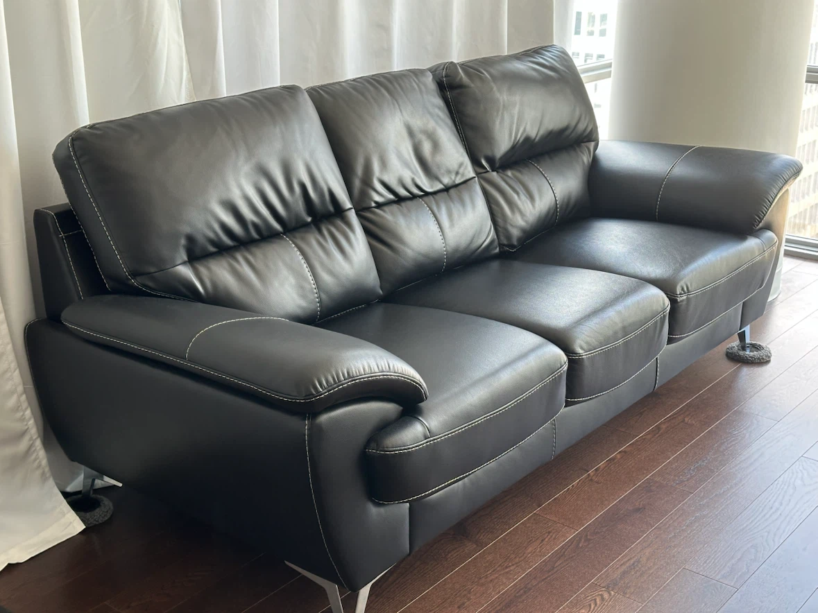 Black Imitation Leather 3-Seat Sofa with Contrast Stitching