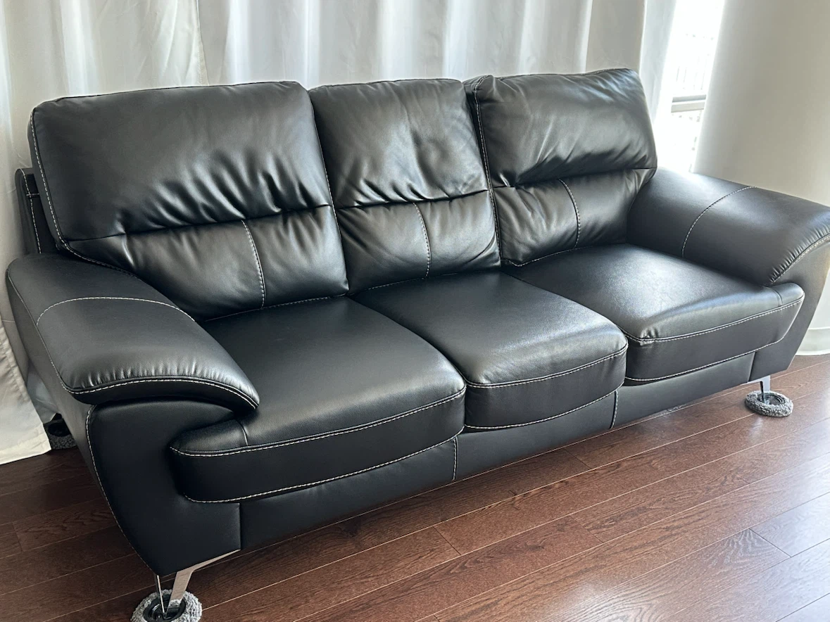 Black Imitation Leather 3-Seat Sofa with Contrast Stitching - photo 2